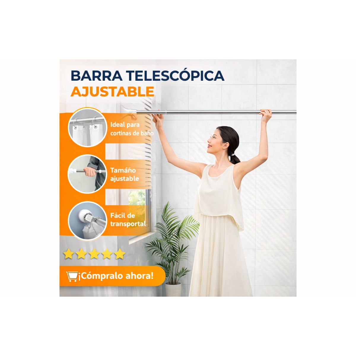 BARRA TELESCÓPICA AJUSTABLE PARA CORTINA DE BAÑO – DURADERA Y FÁCIL DE INSTALAR - 7