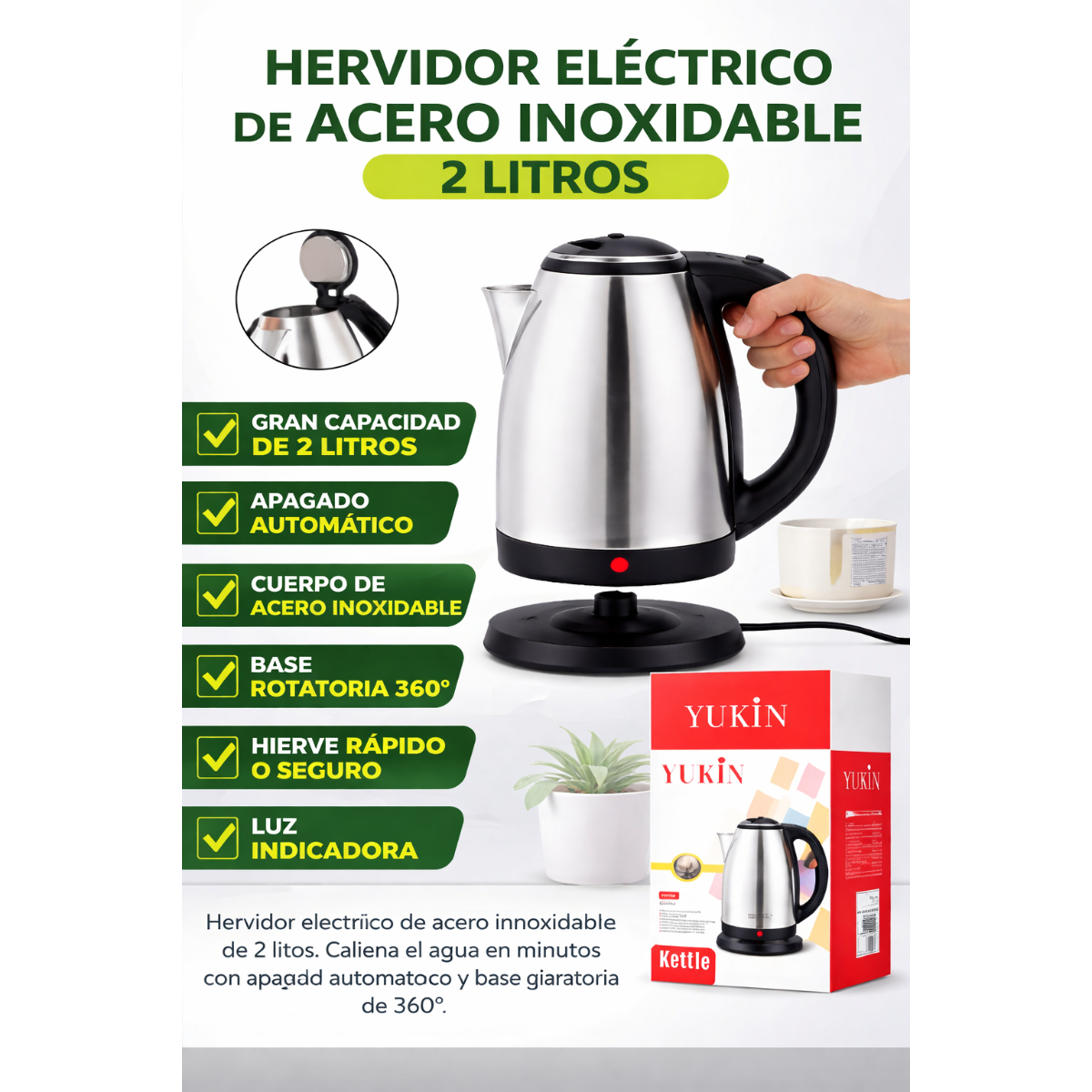 HERVIDOR ELÉCTRICO 2 LITROS ACERO INOXIDABLE CON APAGADO AUTOMÁTICO - 4