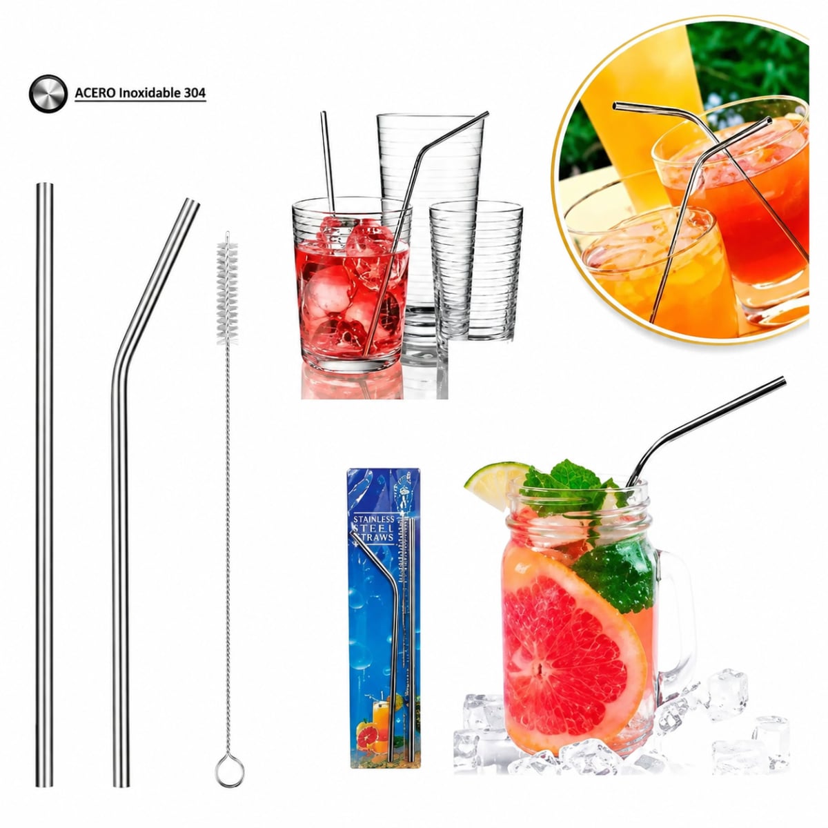 SORBETES REUTILIZABLES DE ACERO INOXIDABLE CON CEPILLO - 1