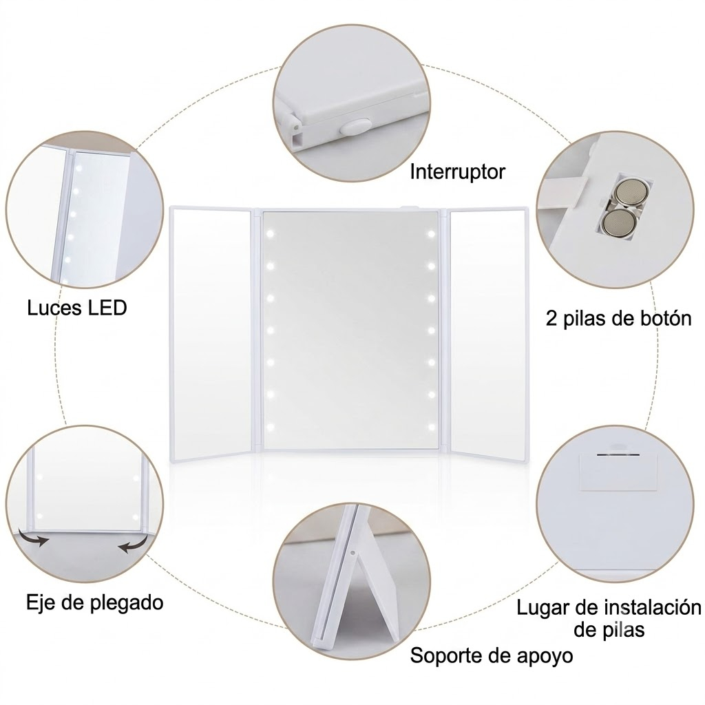 ESPEJO COSMÉTICO PORTÁTIL TRES PANELES PARA TOCADOR - 6