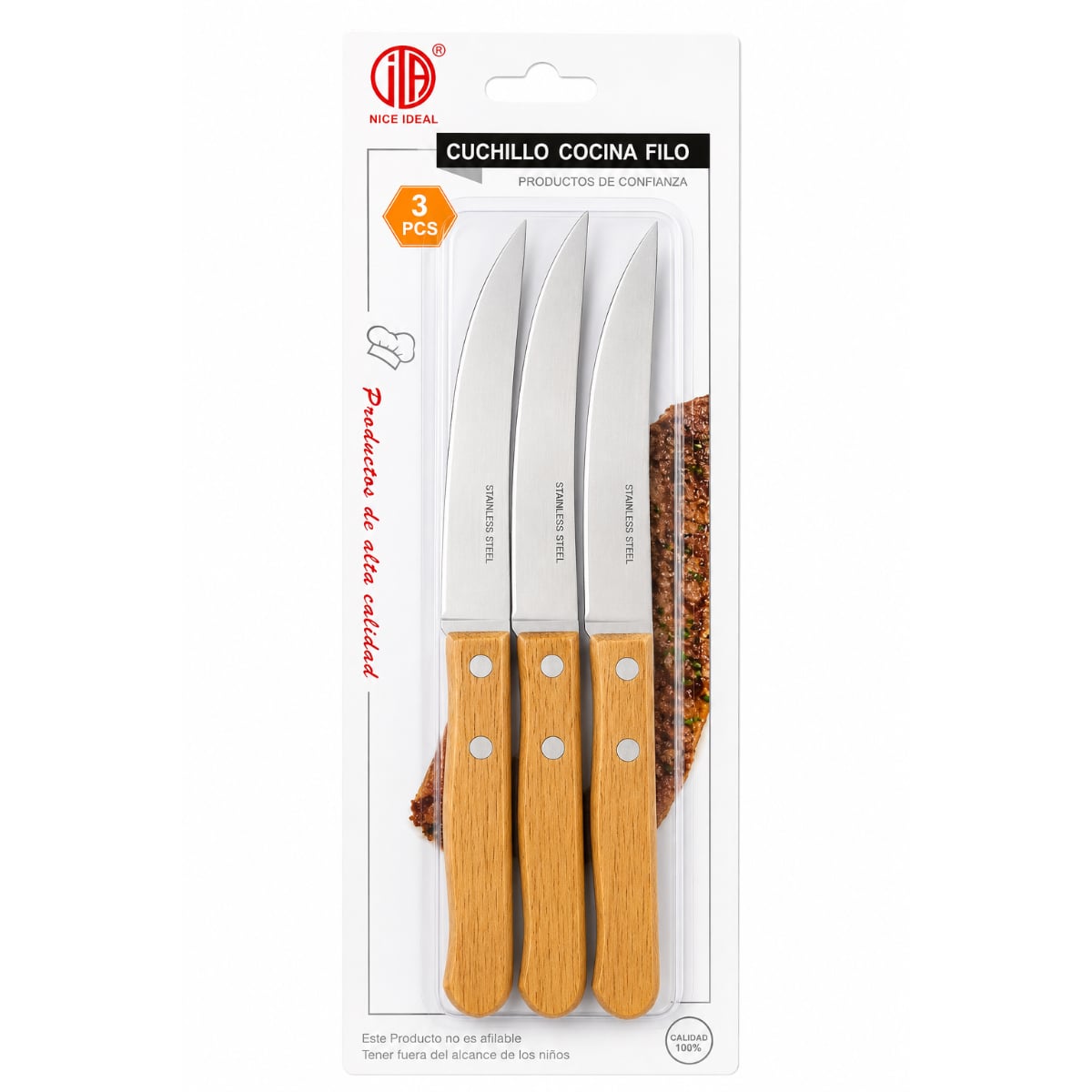 SET 3 CUCHILLOS DE COCINA ACERO INOXIDABLE MANGO MADERA - 1