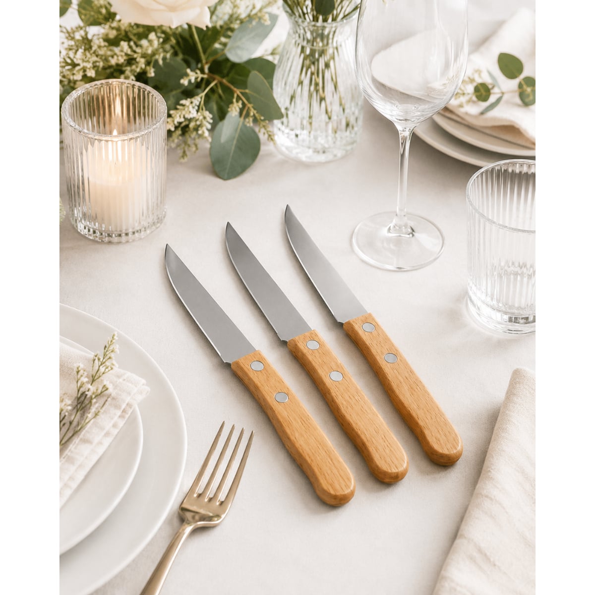 SET 3 CUCHILLOS DE COCINA ACERO INOXIDABLE MANGO MADERA - 3