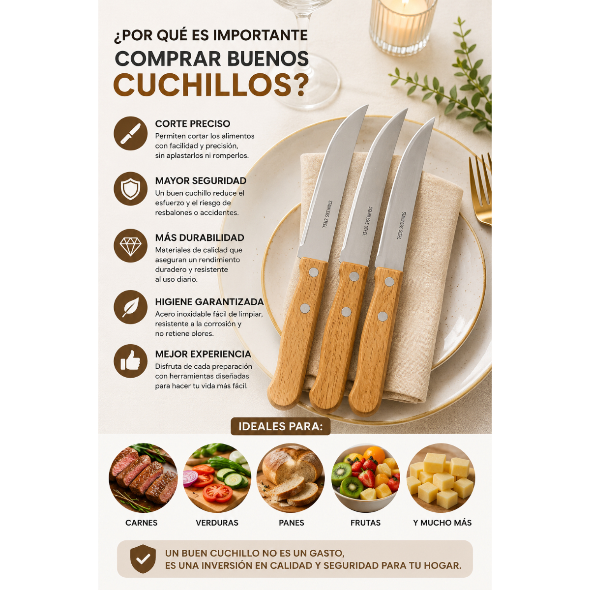 JUEGO DE CUCHILLOS COCINA X3 PARA CARNES VERDURAS Y FRUTAS - 6