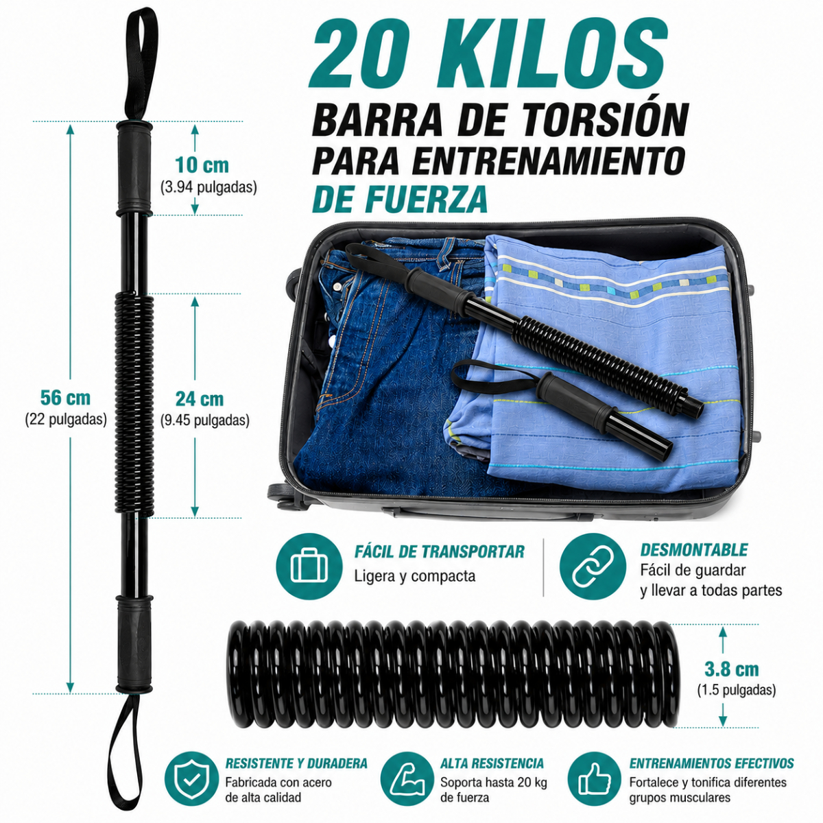 BARRA DE FUERZA 20 KG PARA EJERCICIOS DE PECHO BRAZOS Y HOMBROS - 3