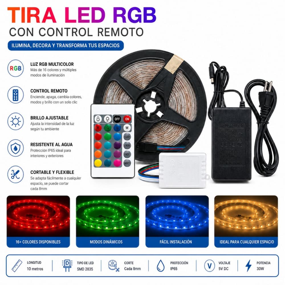 CINTA LED RGB 5 METROS CON CONTROL REMOTO Y ADAPTADOR - 4
