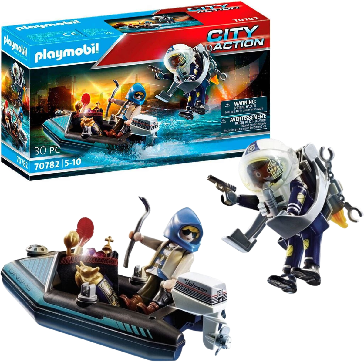 PLAYMOBIL CITY ACTION POLICÍA CON MOCHILA PROPULSORA PERSECUCIÓN JETPACK Y BARCO - 1