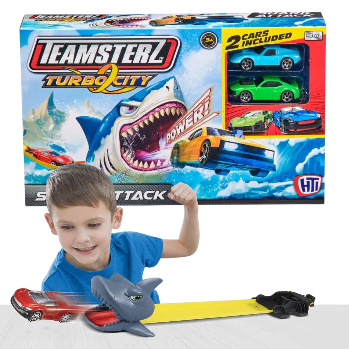 JUGUETE PISTA DE AUTOS TEAMSTERZ LANZADOR DE TIBURÓN + 2 AUTOS DE METAL - 1