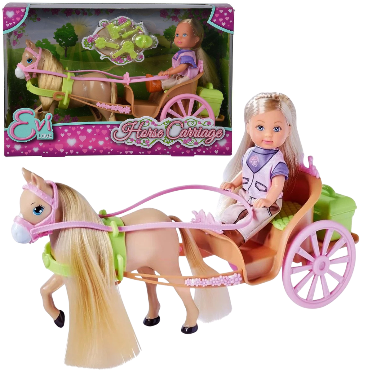 MUÑECA EVI LOVE CARRUAJE CON CABALLO SET PASEO + ACCESORIOS - 1