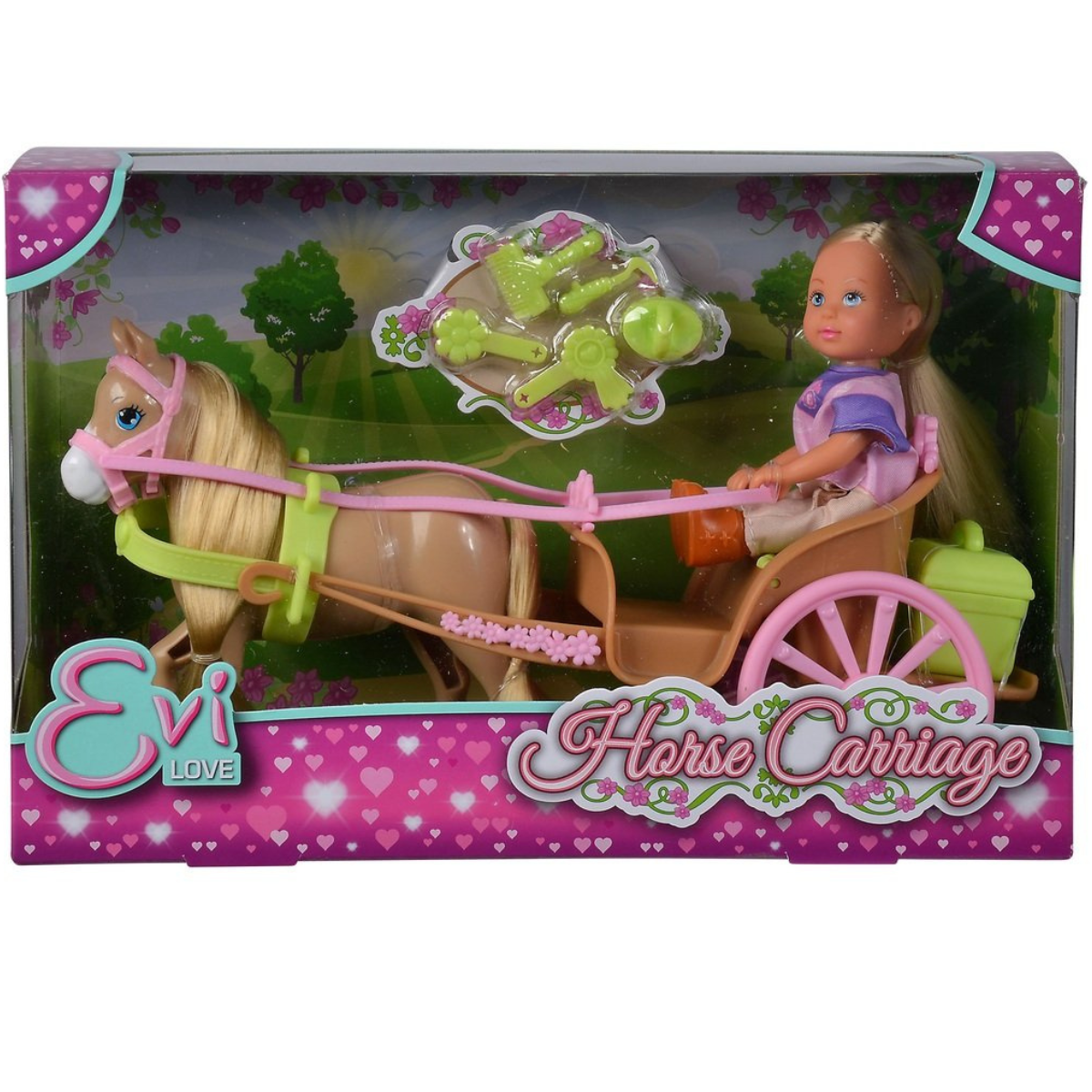 MUÑECA EVI LOVE CARRUAJE CON CABALLO SET PASEO + ACCESORIOS - 2