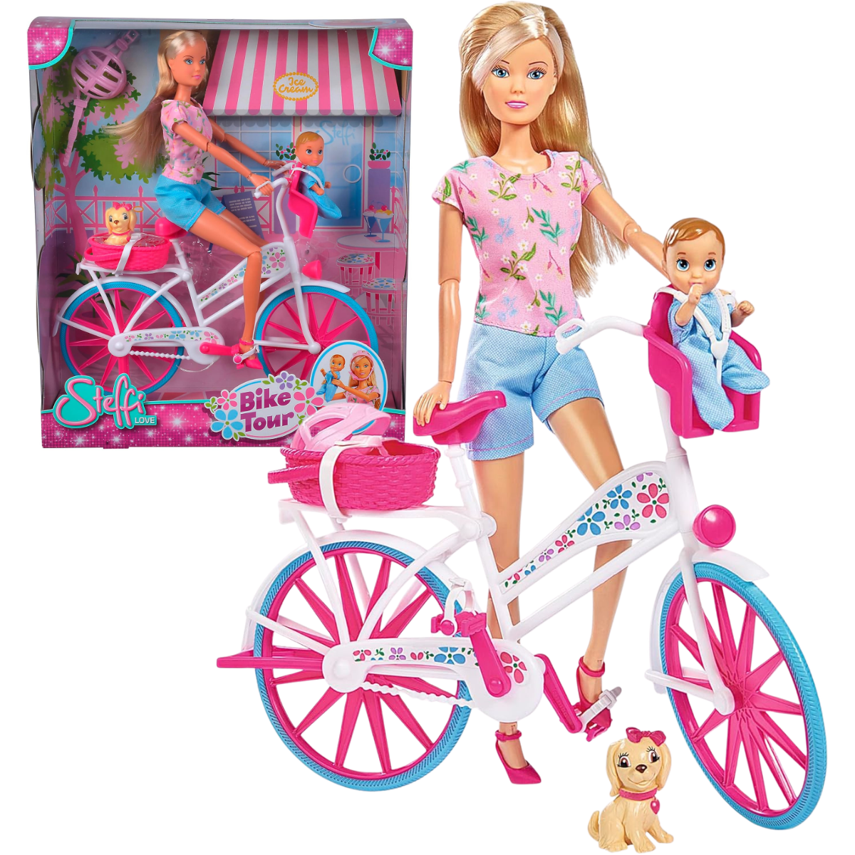 MUÑECA STEFFI LOVE BIKE TOUR SET PASEO CON BICICLETA, BEBÉ Y PERRO - 1