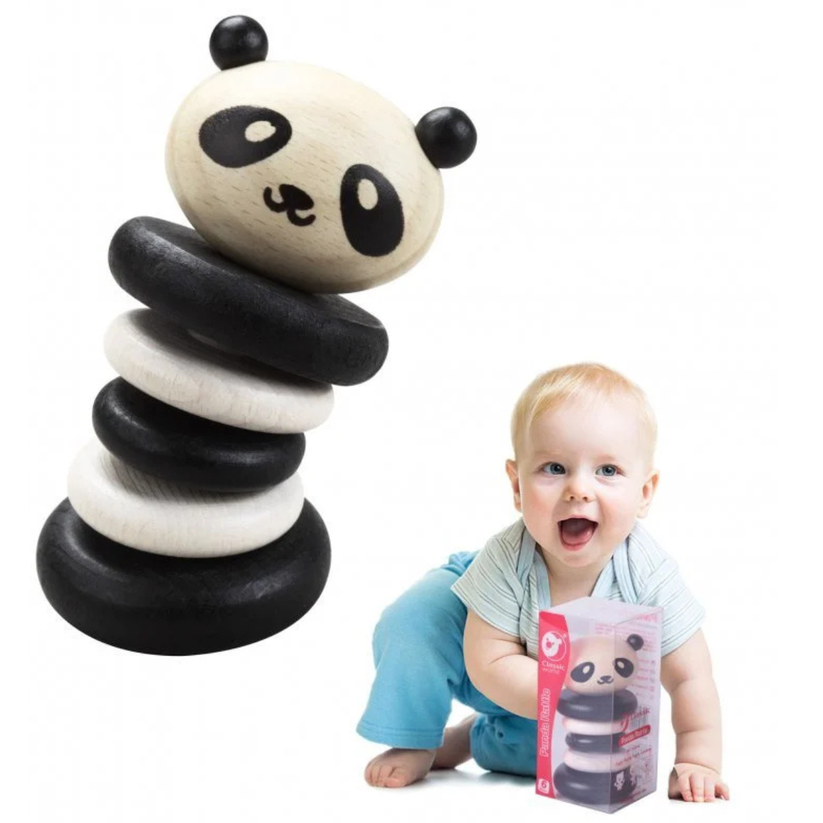 JUGUETE DE BEBÉ CLASSIC WORDL MI PRIMERA SONAJITA DE PANDA SENSORIAL DE MADERA - 1