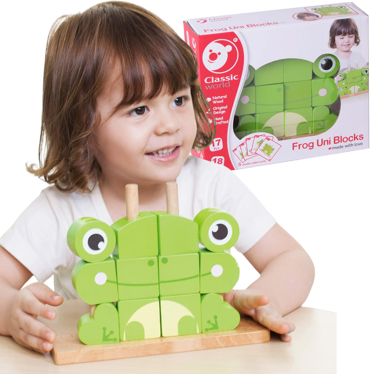 JUGUETE DE BEBÉ CLASSIC WORDL ROMPECABEZA APILABLE RANITA FIGURA 3 EN 1 CON PIEZAS DE MADERA - 1