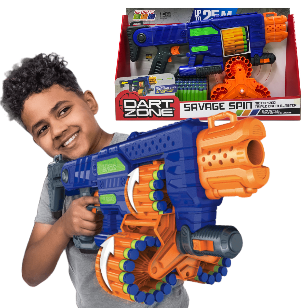 JUGUETE LANZADOR DE DARDOS  DART ZONE SPIN BLASTER CON TRIPLE TAMBOR GIRATORIO - 1