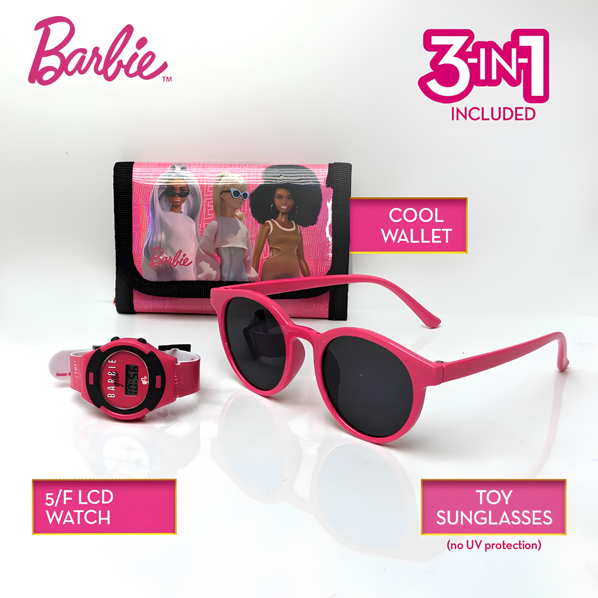 BARBIE PACK 3 EN 1 LENTES BILLETERA Y RELOJ ROSADO NIÑA - 1