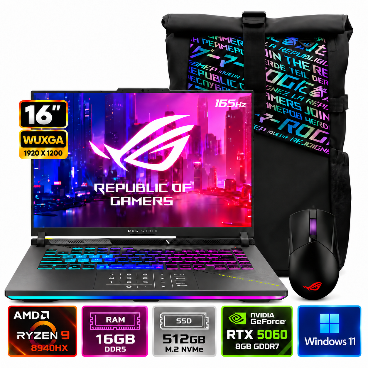 LAPTOP ASUS ROG STRIX G16 G614PM-RV221W RYZEN 9-8940HX RAM 16GB SSD 512GB RTX 5060 8GB 16' WUXGA W11 - 1