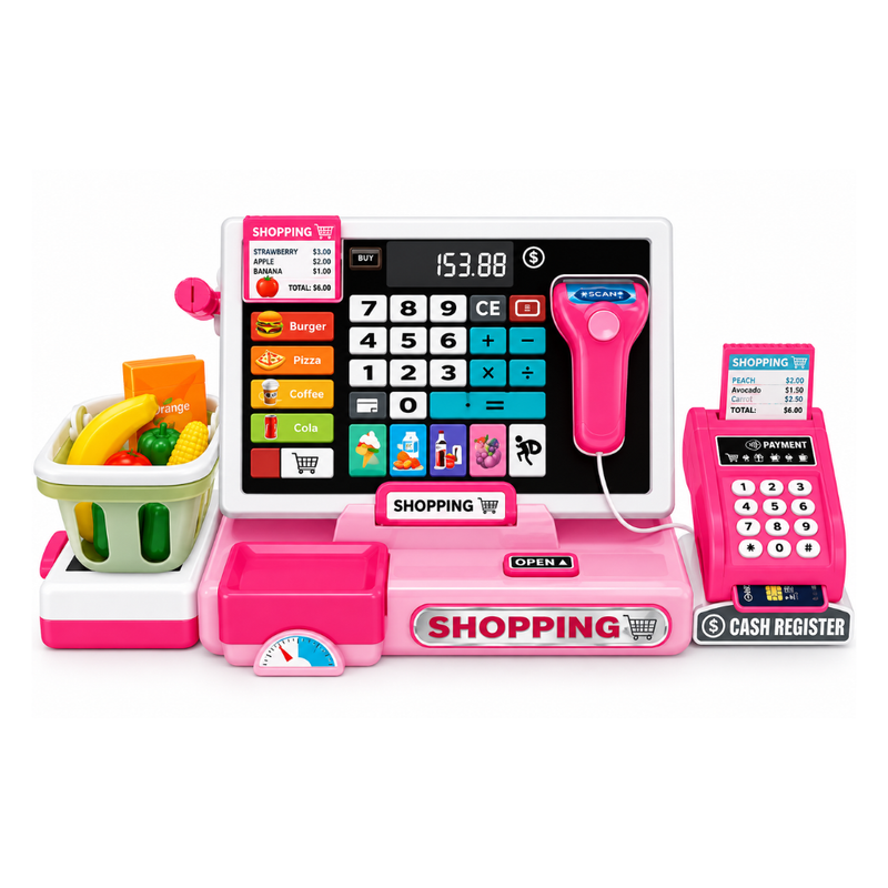 CAJA REGISTRADORA CON LUZ, SONIDO, ACCESORIOS, BALANZA Y CALCULADORA REAL. - 1