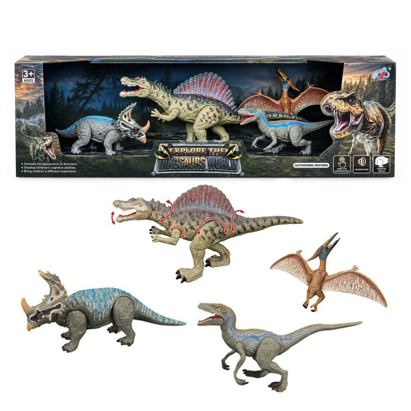 DINOSAURIOS DE JUGUETE PACK X4 VELOCIRAPTOR, SPINOSAURUS, TRICERATOPS Y QUETZACLOATLUS CON SONIDO - 1