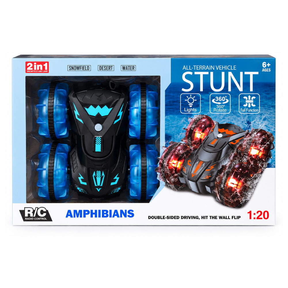 AUTO RC ANFIBIO STUNT 4CH CON CONTROL REMOTO, LUCES Y GIRO 360° – ESCALA 1:20 - 1