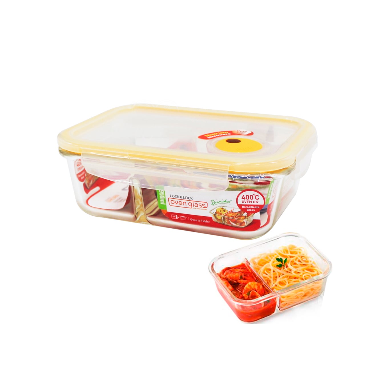 ENVASE HERMÉTICO DE VIDRIO RECTANGULAR 950 ML CON DIVISIÓN LOCKNLOCK OVENGLASS EURO - 1