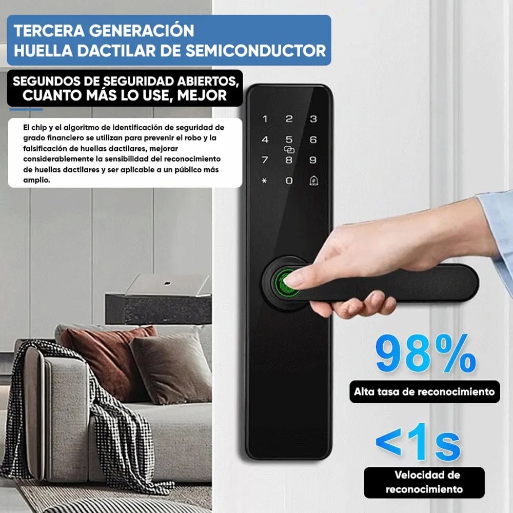 CERRADURA INTELIGENTE WIFI TUYA CON HUELLA DIGITAL,
CÓDIGO Y TARJETA CRISTAL TEMPLADO - 2