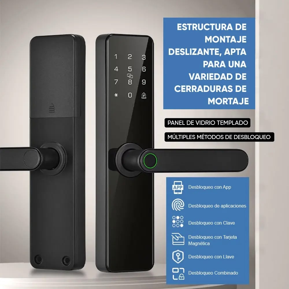 CERRADURA INTELIGENTE WIFI TUYA CON HUELLA DIGITAL,
CÓDIGO Y TARJETA CRISTAL TEMPLADO - 3