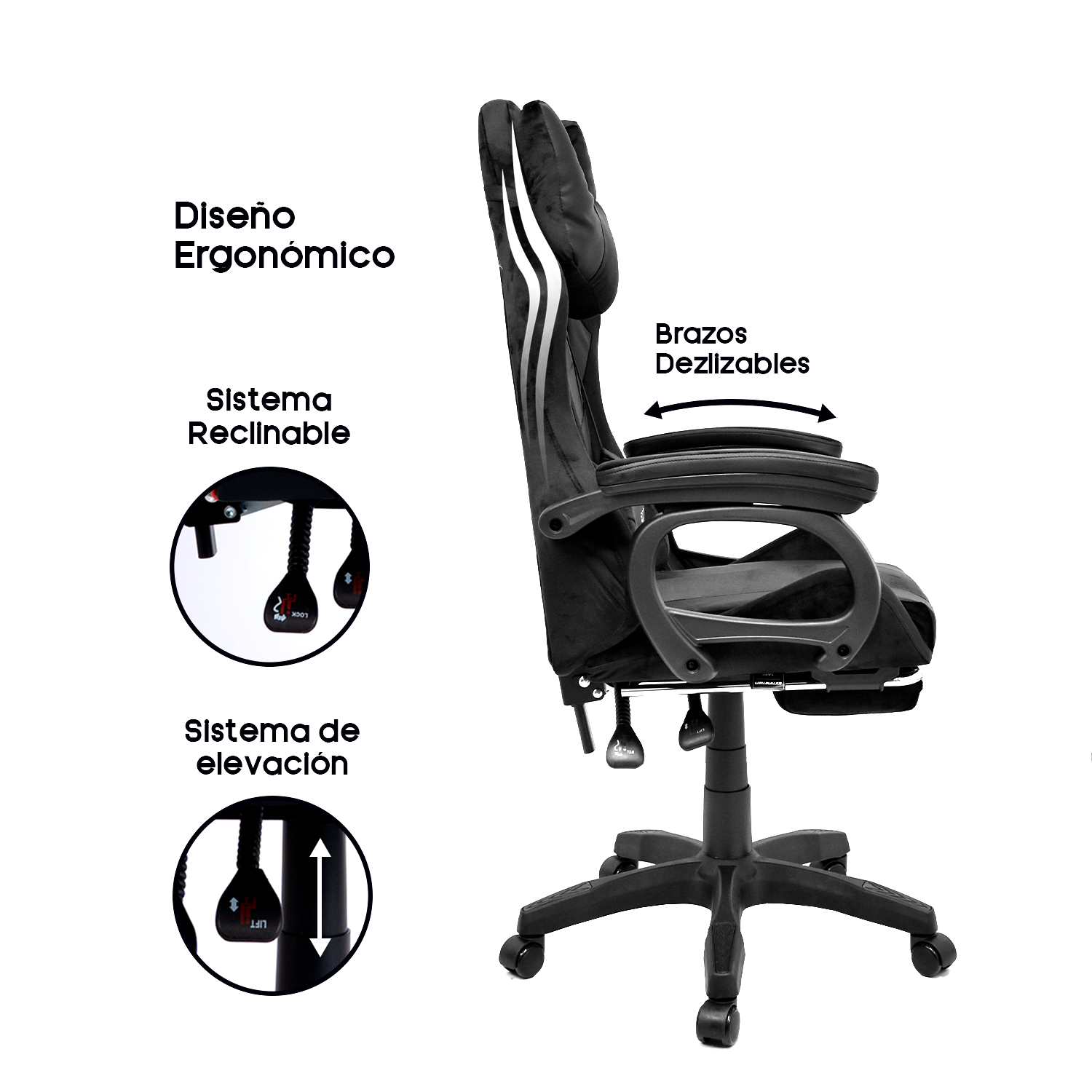 Silla Gamer Extingtion Sapp Gamuza-Cuerina Color Negro - 3
