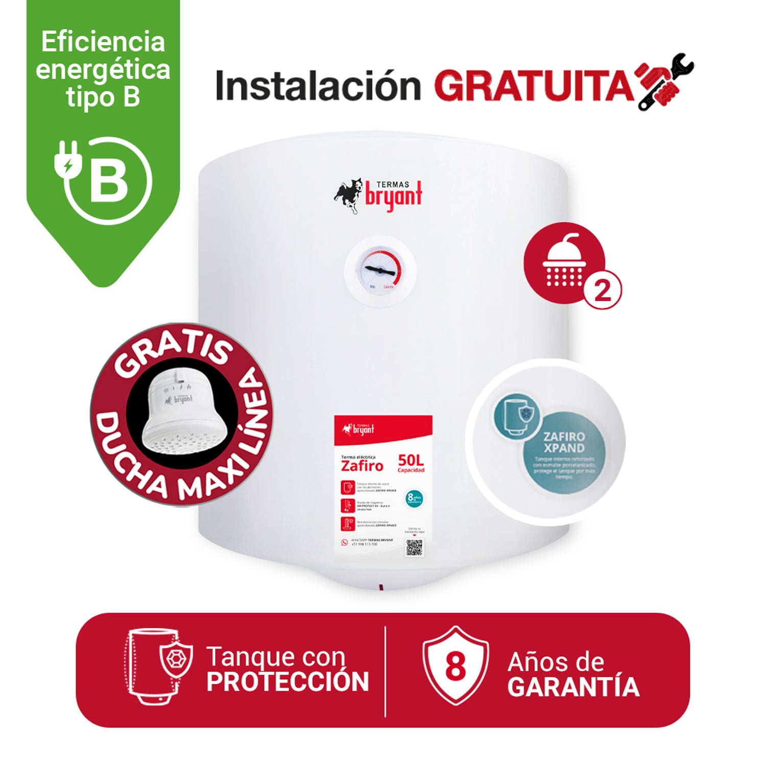 TERMA ELÉCTRICA 50 L MODERN BRYANT ZAFIRO XPAND MAYOR DURACIÓN | Blanco - 1
