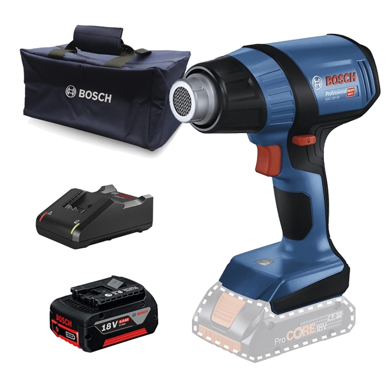 PISTOLA DE CALOR 18V 500 °C + BATERÍA 4.0 AH + CARGADOR + BOLSO BOSCH 0615.A50.0CN-000 - 1