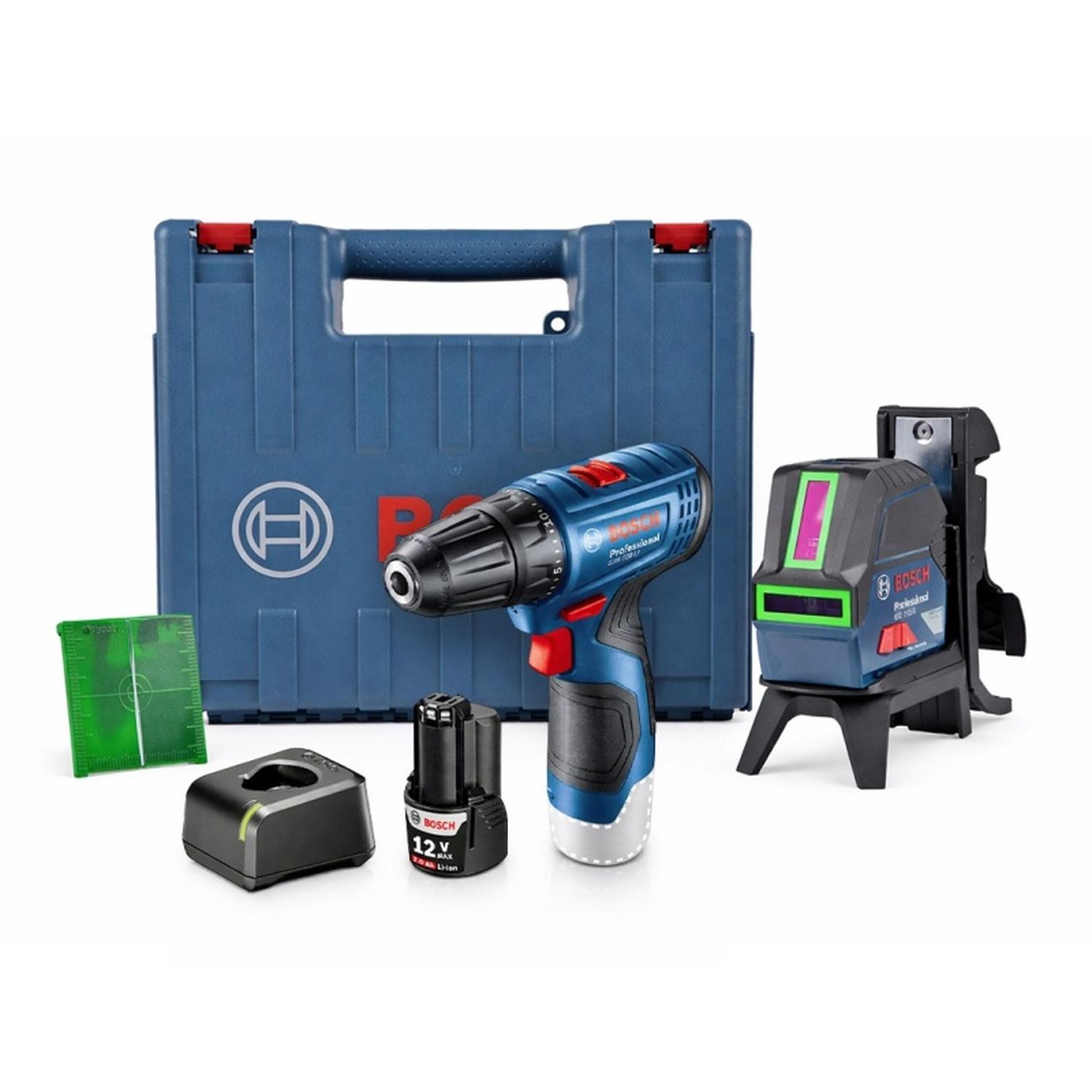 NIVEL LÁSER COMBINADO VERDE 15MTS GCL 2-15 G + TALADRO ATORNILLADOR 3/8' 12V 30NM BOSCH GSR 120-LI 0 - 1