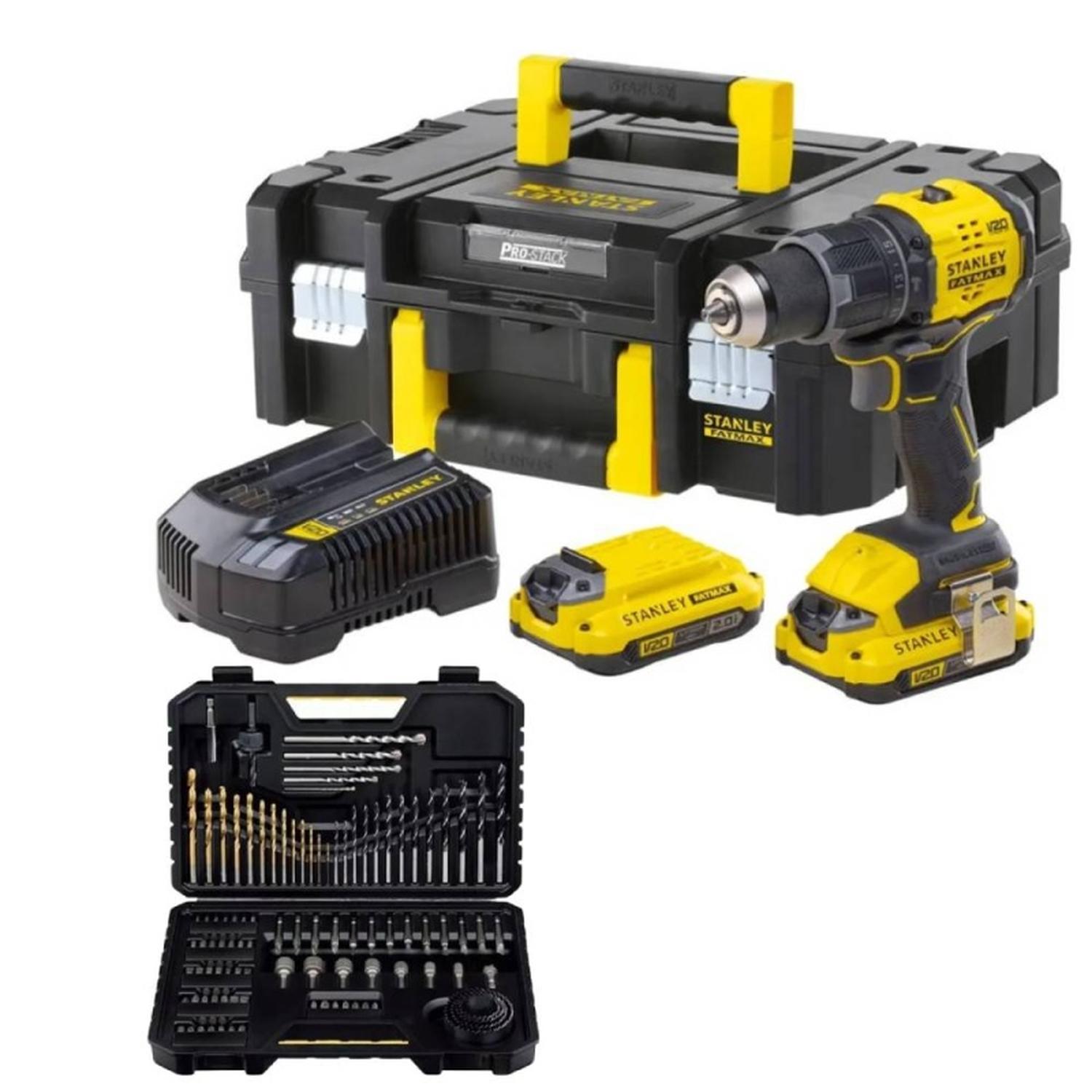 TALADRO PERCUTOR 1/2' 20V BRUSHLESS INC 2BAT Y CARG SBD716D2T + SET DE PIEZAS X 100 PZ STANLEY STA72 - 1