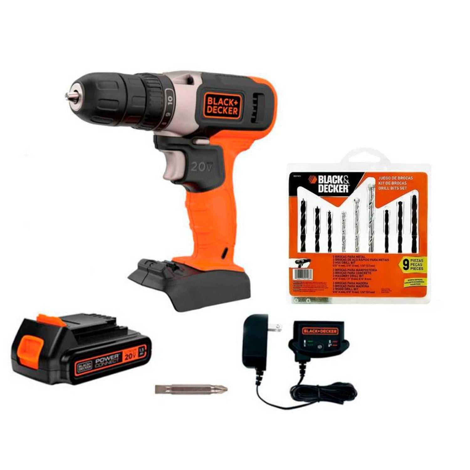 TALADRO ATORNILLADOR 3/8 20V 37NM 1 BAT 1.5 AH BCD702C1-B2 + SET DE BROCAS MIXTO 9PZ BD0110CS BLACK - 1