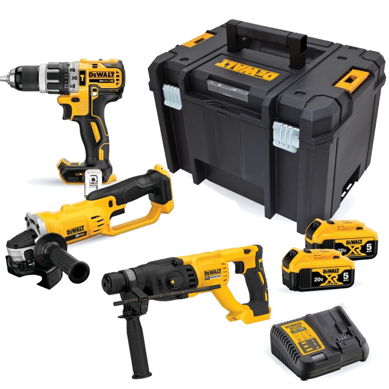 TALADRO PERC 1/2' + AMOLADORA 4 1/2' 20V 2 BAT + TSTAK + ROTOMARTILLO SDS PLUS DEWALT - 1