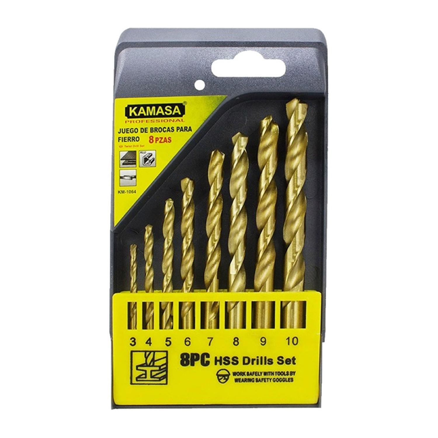 JUEGO DE BROCAS HSS-TI 3-10 MM PARA METAL 8 PZAS KAMASA KM1064 - 1