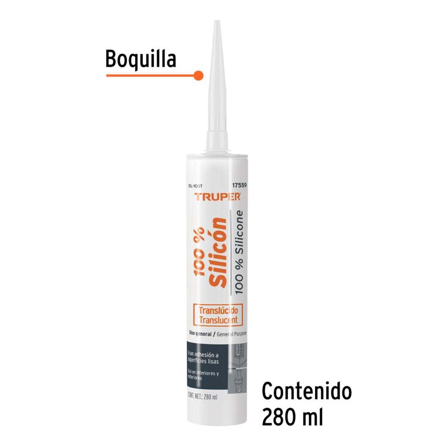 SILICONA TRASLUCIDA 280ML PARA VIDRIO, HIERRO Y MADERA TRUPER 17559 - 2
