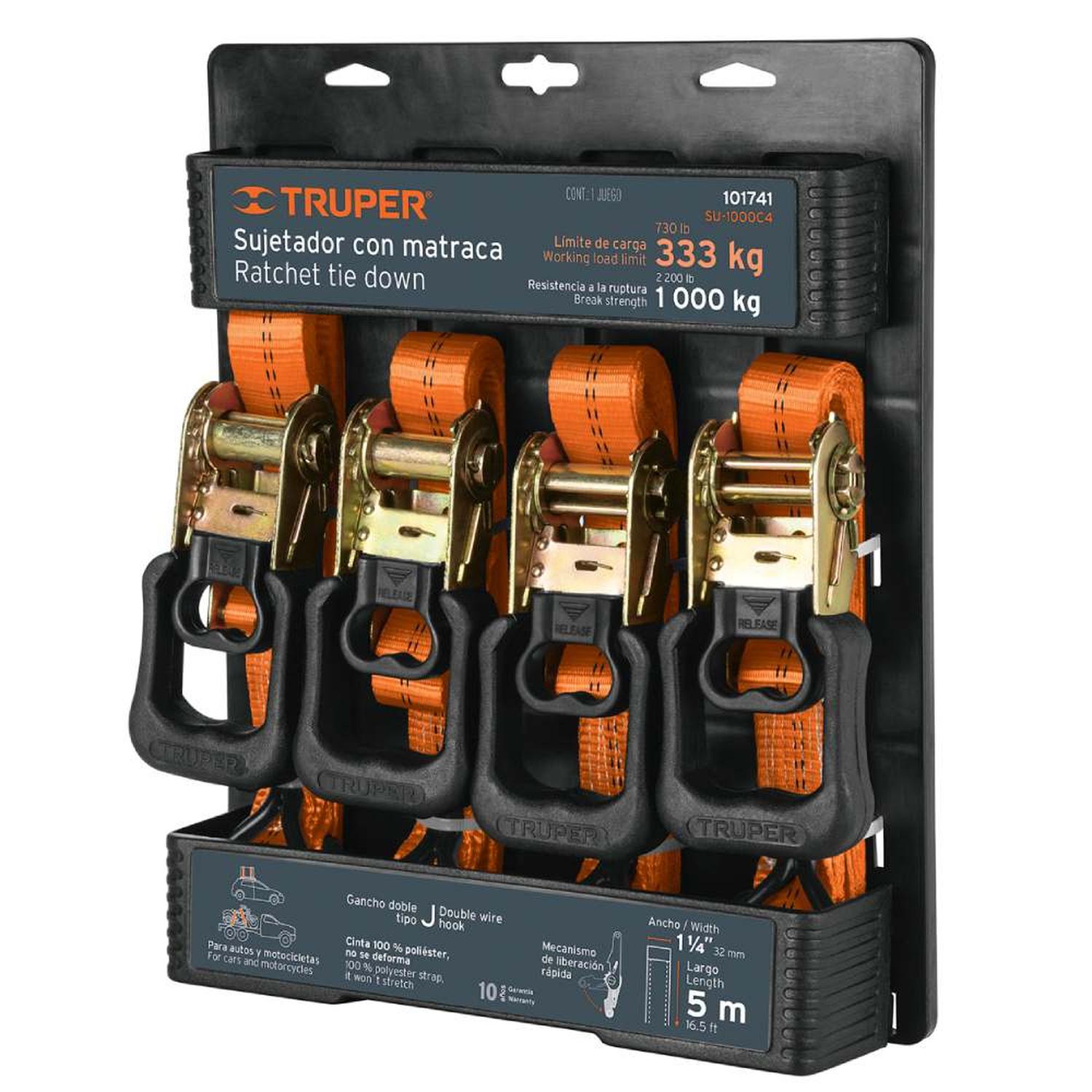 JUEGO DE SUJETADOR CON RATCHET 1000KG 4 PIEZAS TRUPER 101741 - 1