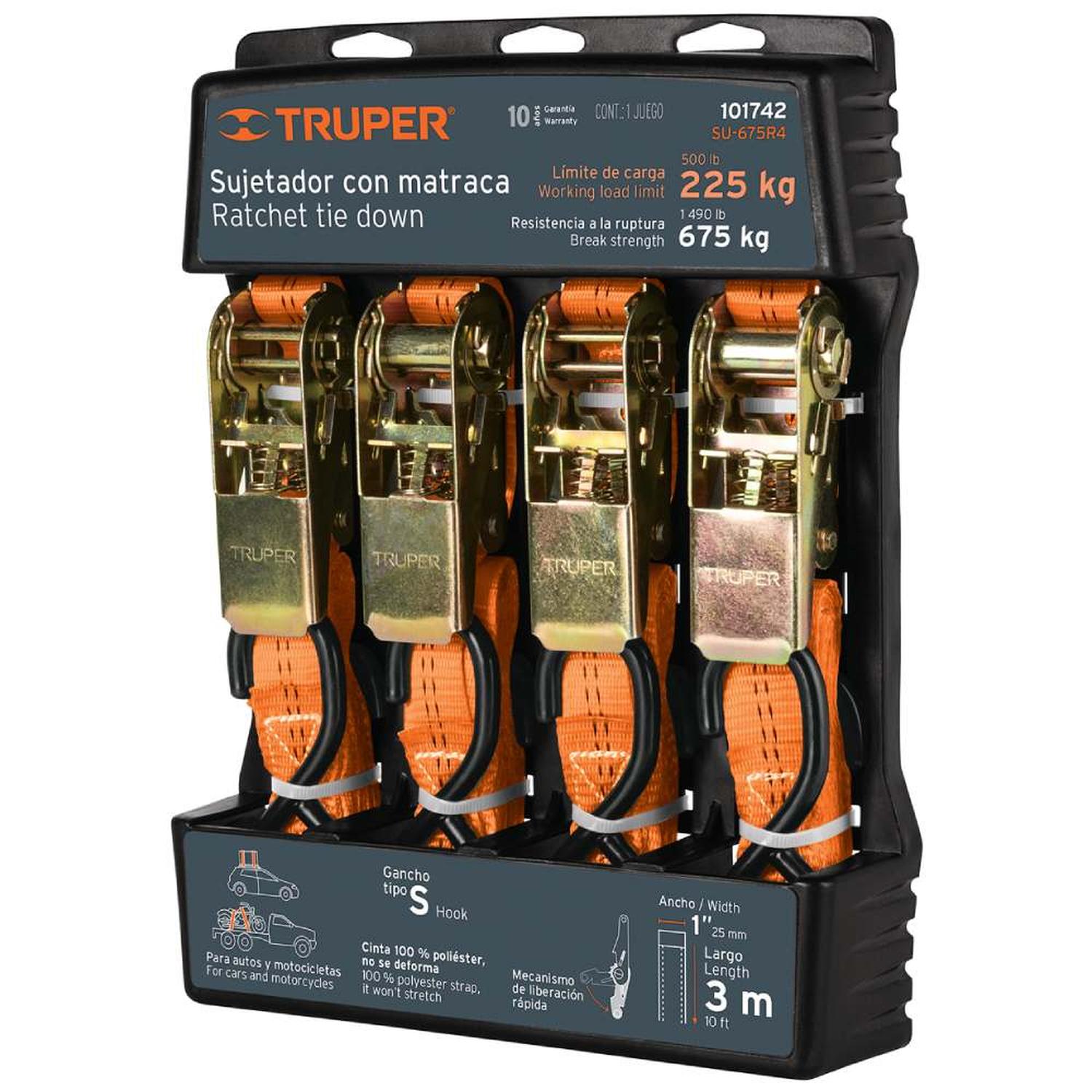 JUEGO DE SUJETADOR CON RATCHET 675KG 4 PIEZAS TRUPER 101742 - 1