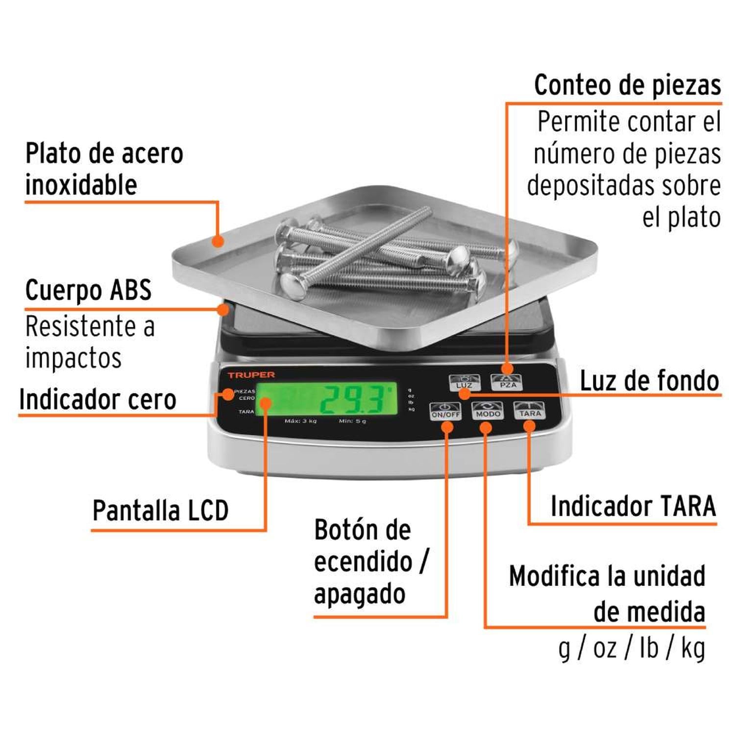 BALANZA ELECTRÓNICA 3 KG TRUPER 102317 - 2
