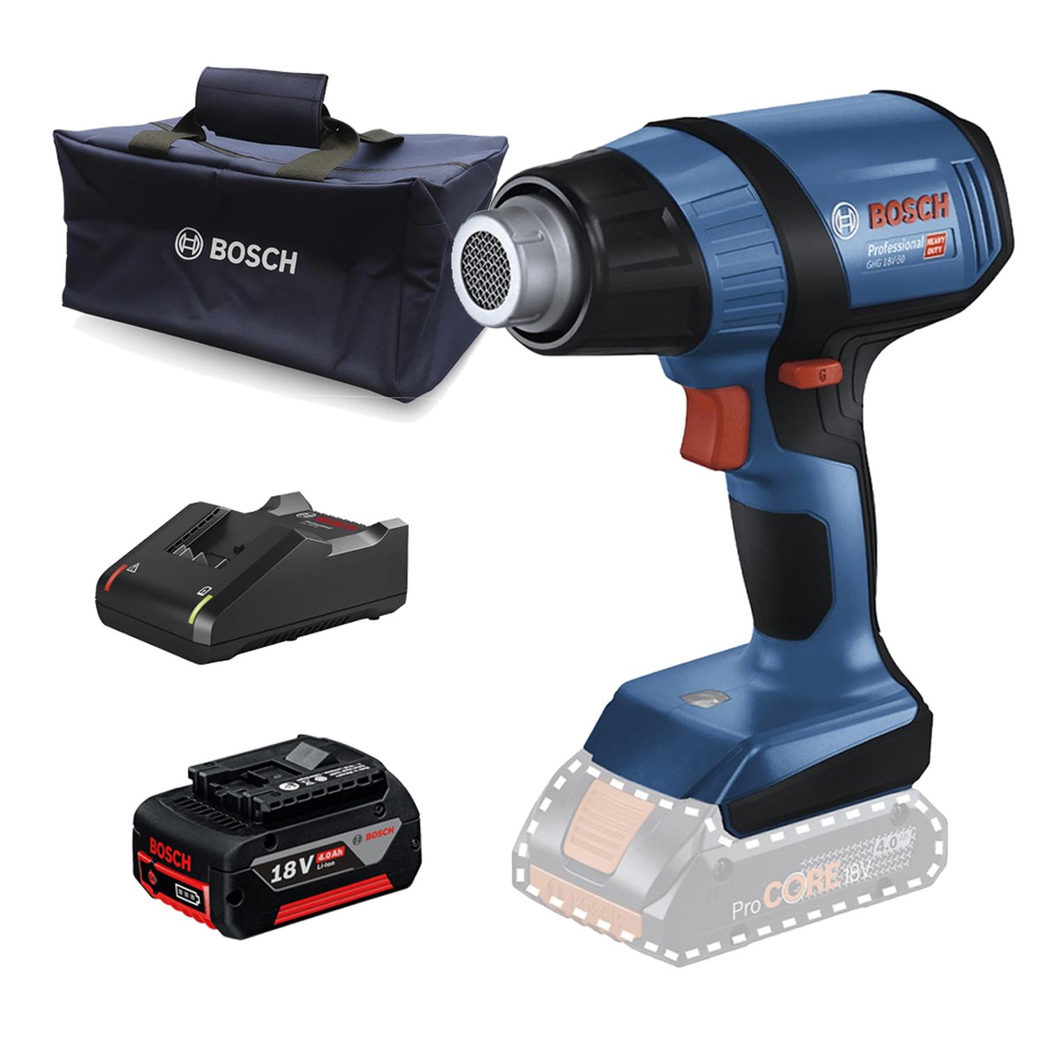 PISTOLA DE CALOR 18V 500 °C + BATERÍA 4.0 AH + CARGADOR + BOLSO BOSCH 0615.A50.0CN-000 - 1