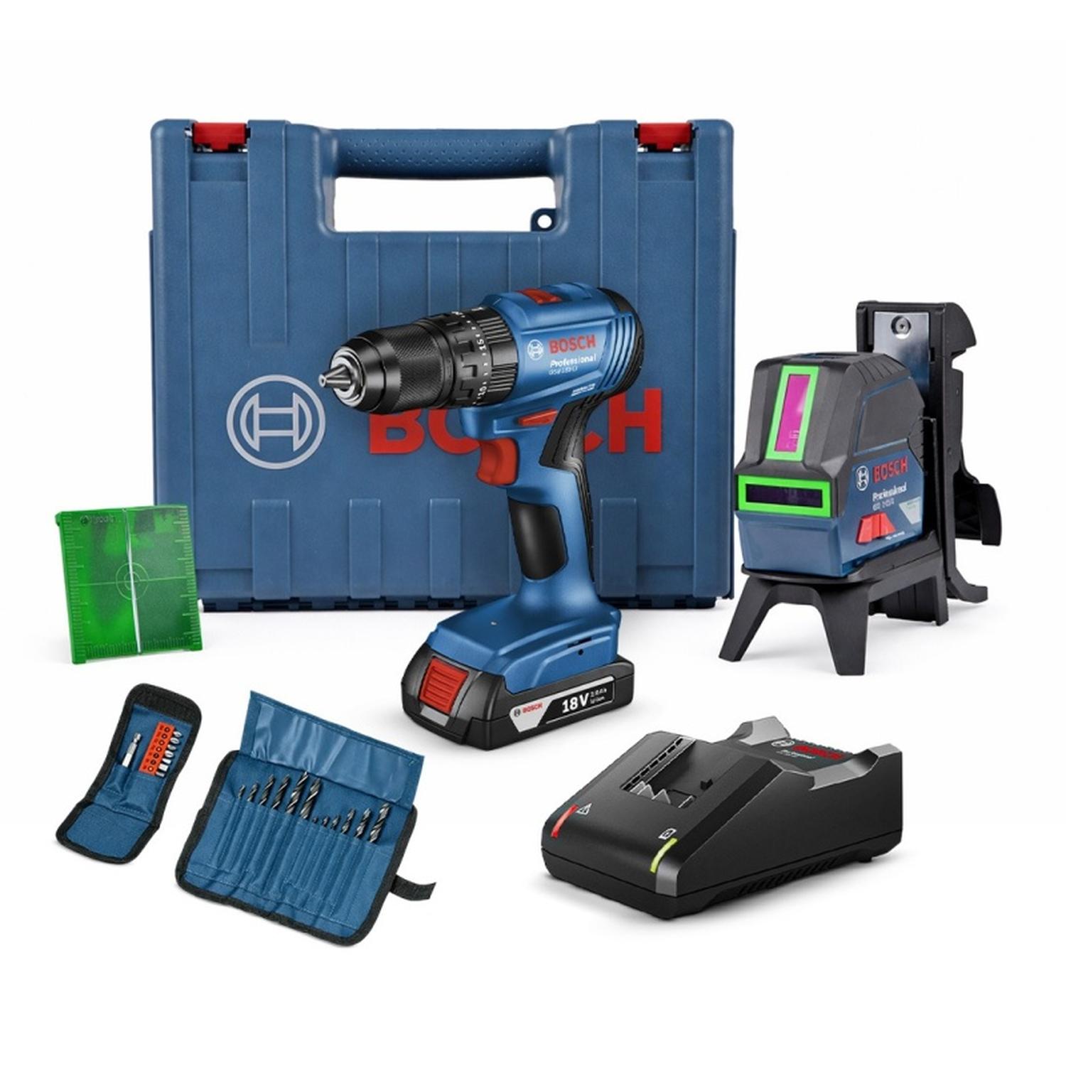 NIVEL LÁSER COMB. VERDE 15M GCL 2-15 G + TAL PERCUTOR 1/2' 18V BRUSHLESS + SET 23 PZS BOSCH GSB 185- - 1