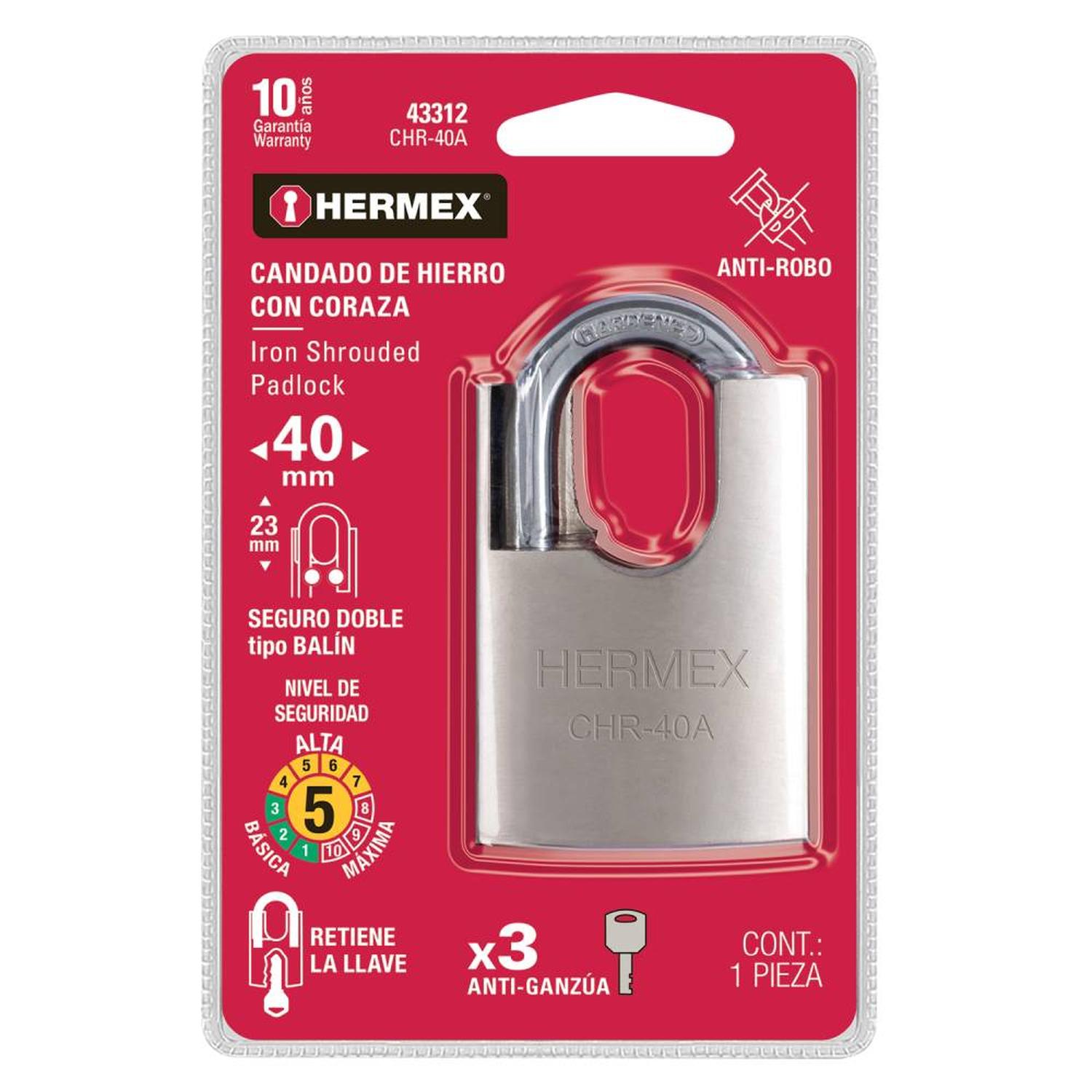 CANDADO DE HIERRO 40 MM ACORAZADO CON LLAVE ANTI-GANZUA NIVEL 5 HERMEX 43312 - 2
