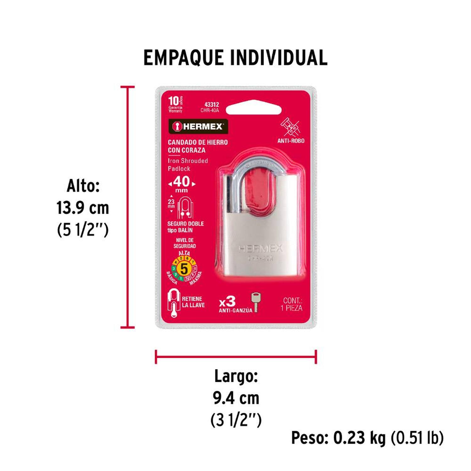 CANDADO DE HIERRO 40 MM ACORAZADO CON LLAVE ANTI-GANZUA NIVEL 5 HERMEX 43312 - 5