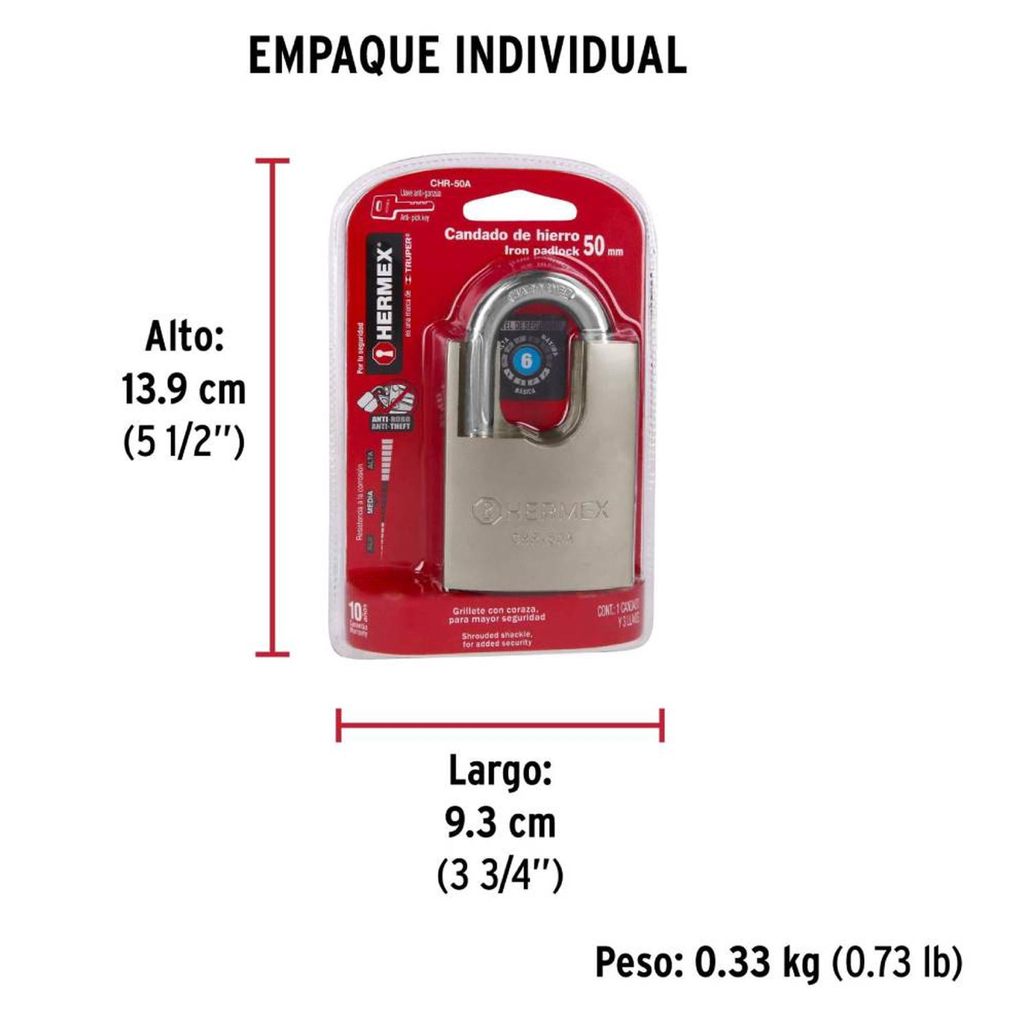 CANDADO DE HIERRO 50 MM ACORAZADO CON LLAVE ANTI-GANZUA NIVEL 6 HERMEX 43313 - 5
