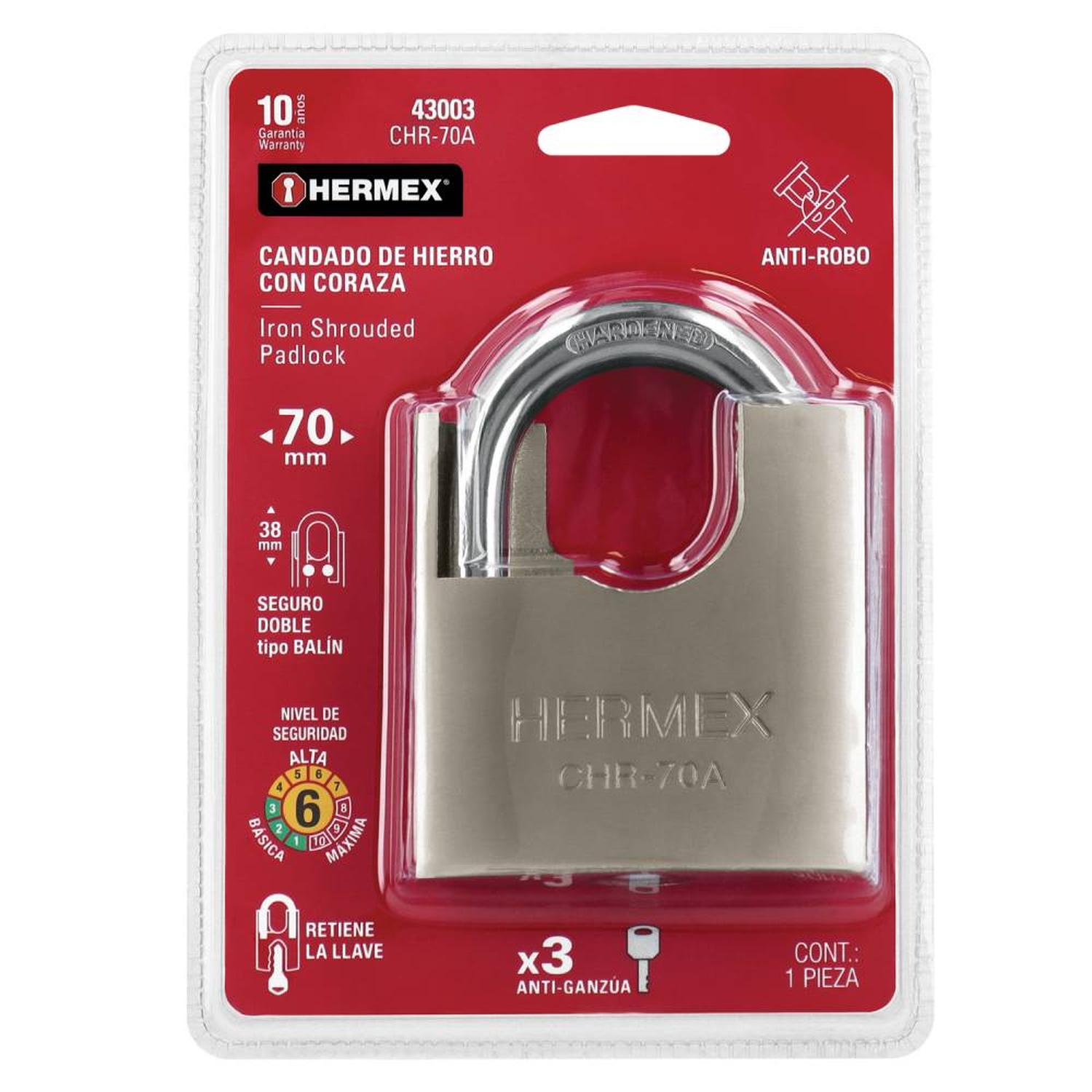 CANDADO DE HIERRO 70 MM ACORAZADO CON LLAVE ANTI-GANZUA NIVEL 6 HERMEX 43003 - 2