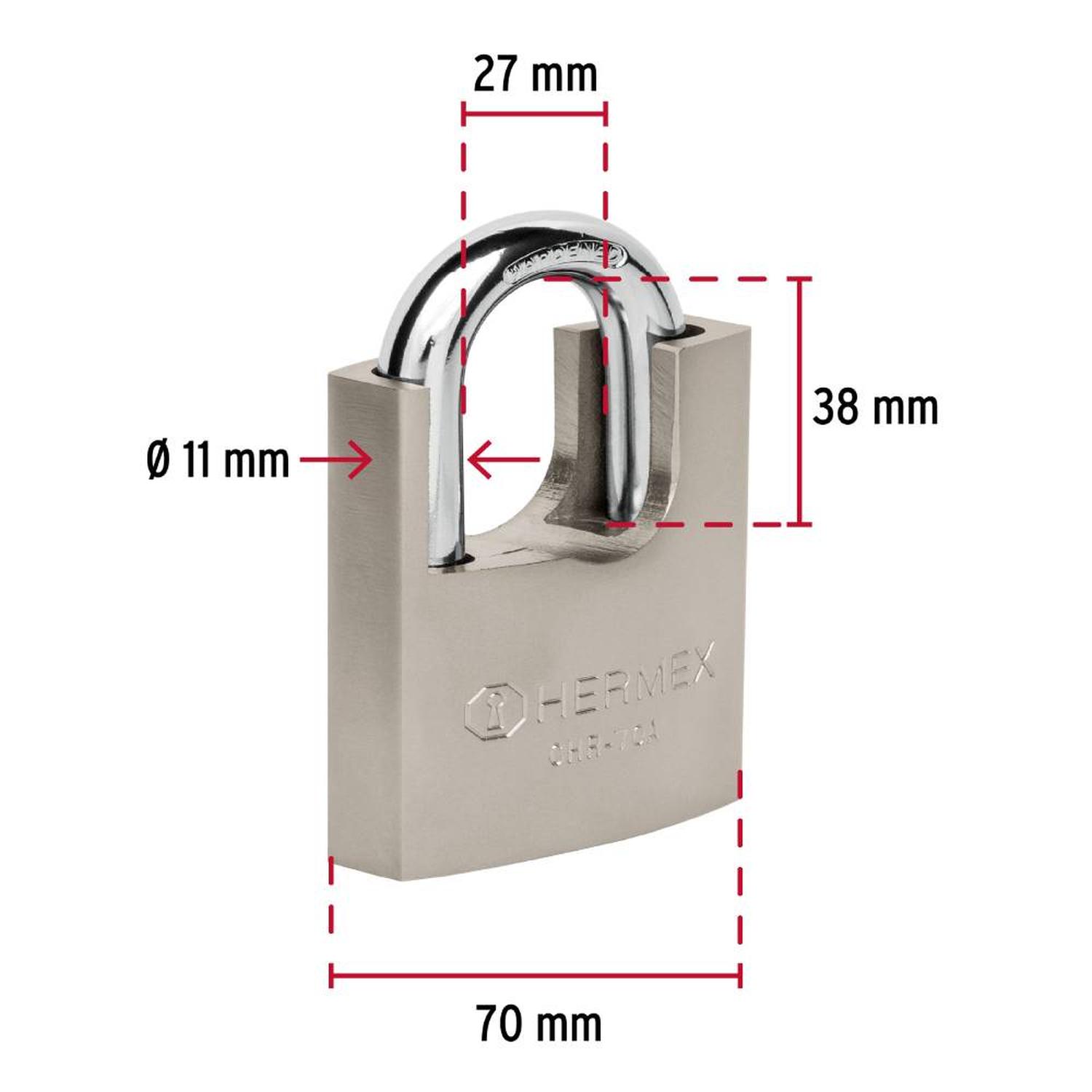 CANDADO DE HIERRO 70 MM ACORAZADO CON LLAVE ANTI-GANZUA NIVEL 6 HERMEX 43003 - 3