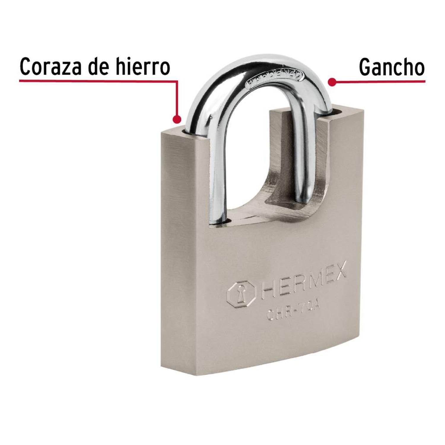 CANDADO DE HIERRO 70 MM ACORAZADO CON LLAVE ANTI-GANZUA NIVEL 6 HERMEX 43003 - 4