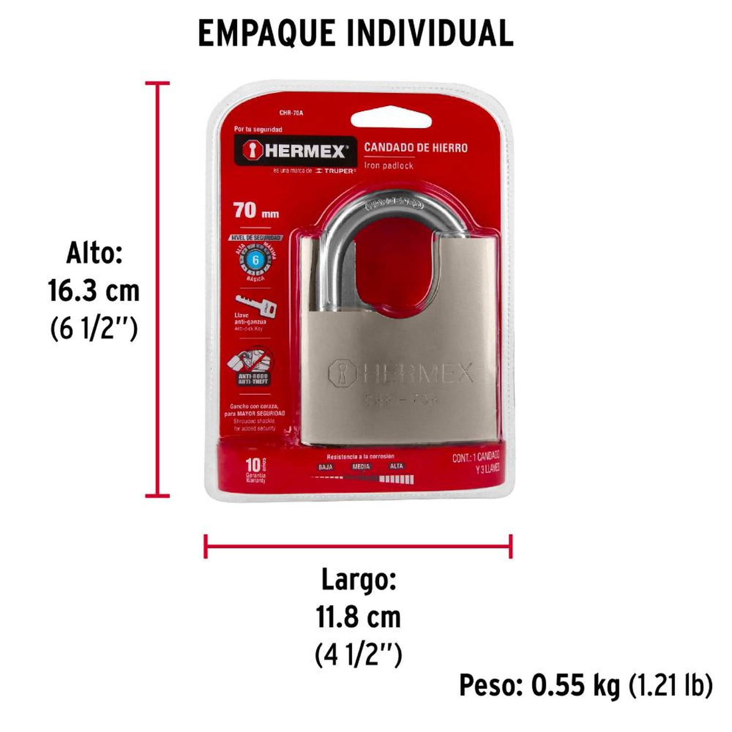 CANDADO DE HIERRO 70 MM ACORAZADO CON LLAVE ANTI-GANZUA NIVEL 6 HERMEX 43003 - 5