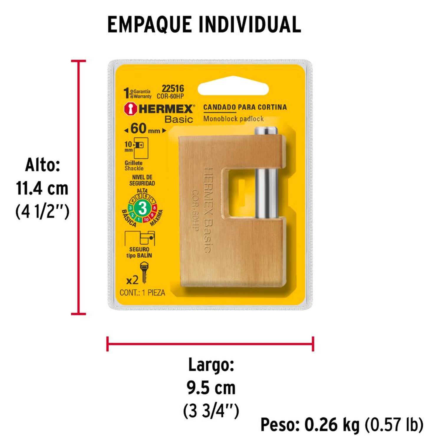 CANDADO DE HIERRO 60MM ANTIPALANCA CON LLAVE TRADICIONAL NIVEL 3 HERMEX 22516 - 5