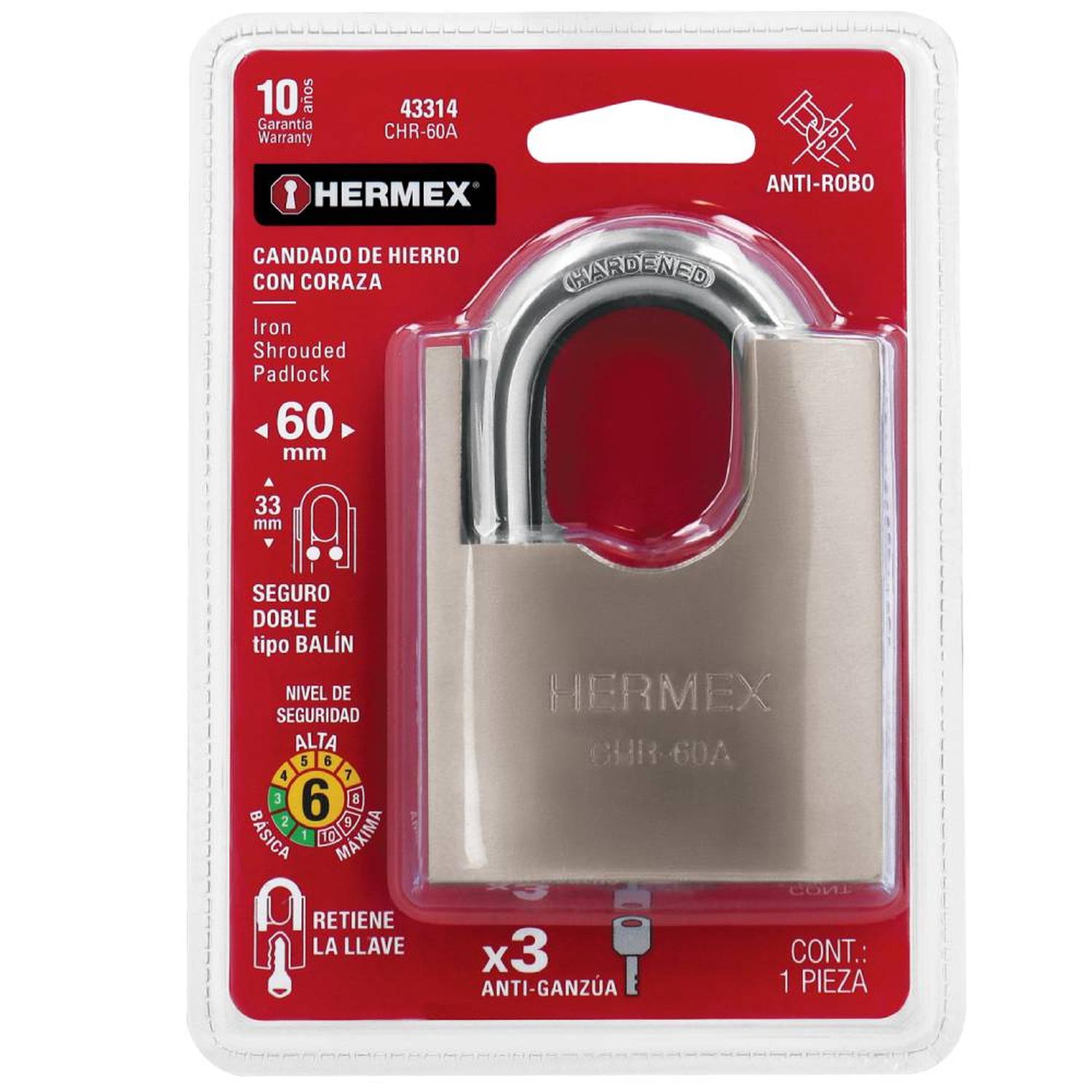 CANDADO DE HIERRO 60 MM ACORAZADO CON LLAVE ANTI-GANZUA NIVEL 6 HERMEX 43314 - 2