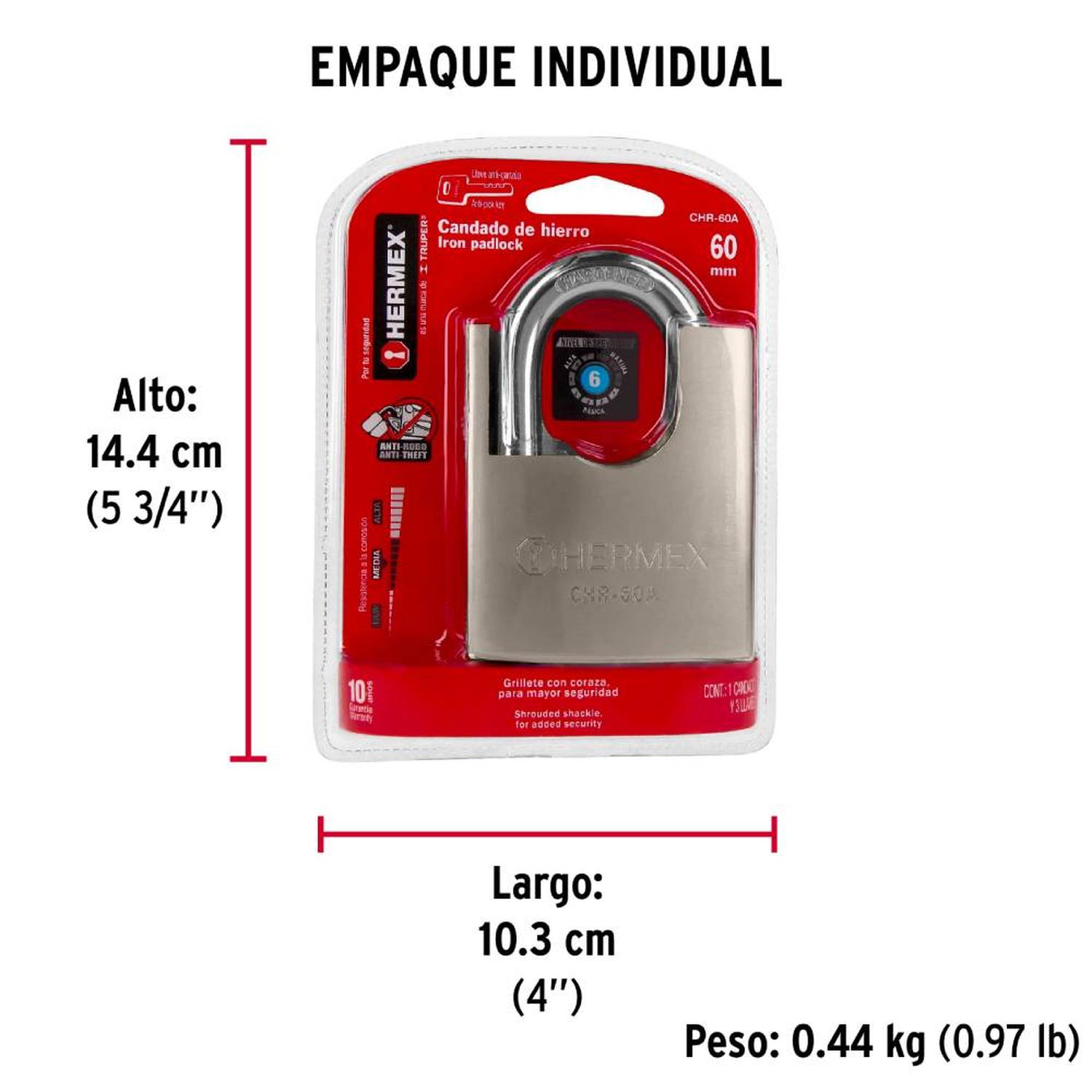 CANDADO DE HIERRO 60 MM ACORAZADO CON LLAVE ANTI-GANZUA NIVEL 6 HERMEX 43314 - 5