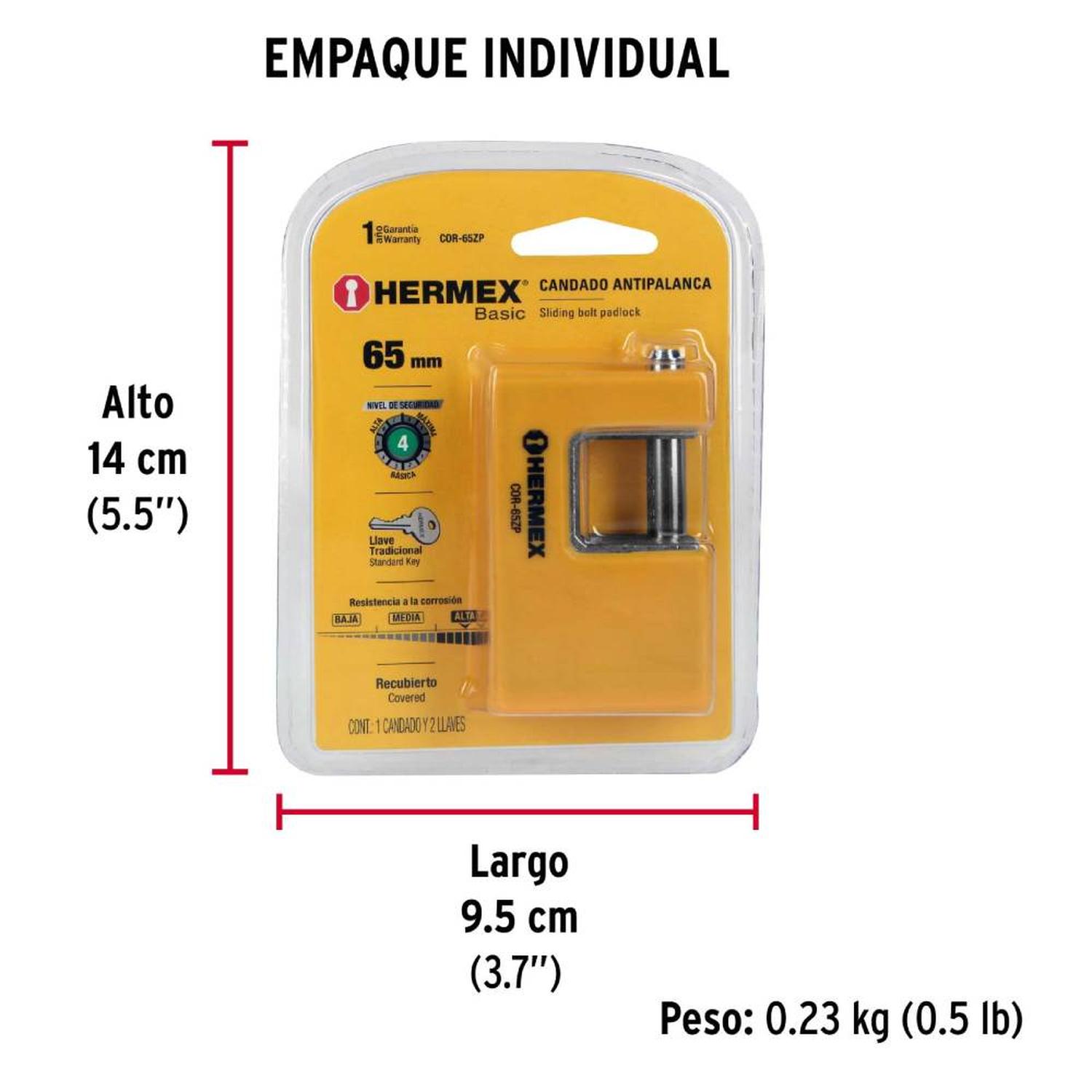 CANDADO METALICO RECUBRIMIENTO ABS 65 MM ANTIPALANCA CON LLAVE TRADICIONAL NIVEL 4 HERMEX 22514 - 5